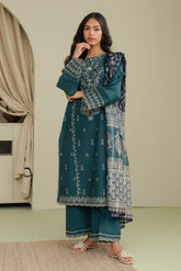 BEECHTREE- 3PC DHANAK EMBROIDERED SHIRT WITH TWILL PRINTED SHAWL AND TROUSER - HZG2379